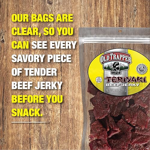 OLD TRAPPER TERIYAKI BEEF JERKY 8OZ - HIGH PROTEIN, LOW FAT SNACK FOR LUNCH BETWEEN MEALS