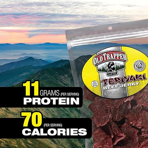 OLD TRAPPER TERIYAKI BEEF JERKY 8OZ - HIGH PROTEIN, LOW FAT SNACK FOR LUNCH BETWEEN MEALS