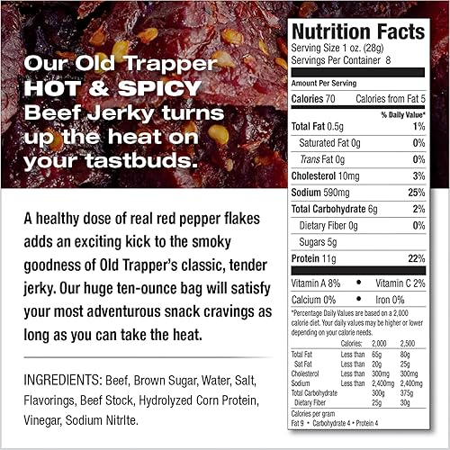OLD TRAPPER HOT SPICY BEEF JERKY 8OZ TENDER, HIGH PROTEIN MEAT SNACK, 70 CALORIES