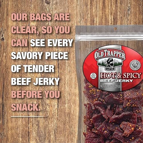 OLD TRAPPER HOT SPICY BEEF JERKY 8OZ TENDER, HIGH PROTEIN MEAT SNACK, 70 CALORIES