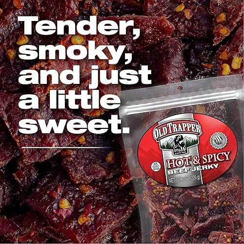 OLD TRAPPER HOT SPICY BEEF JERKY 8OZ TENDER, HIGH PROTEIN MEAT SNACK, 70 CALORIES