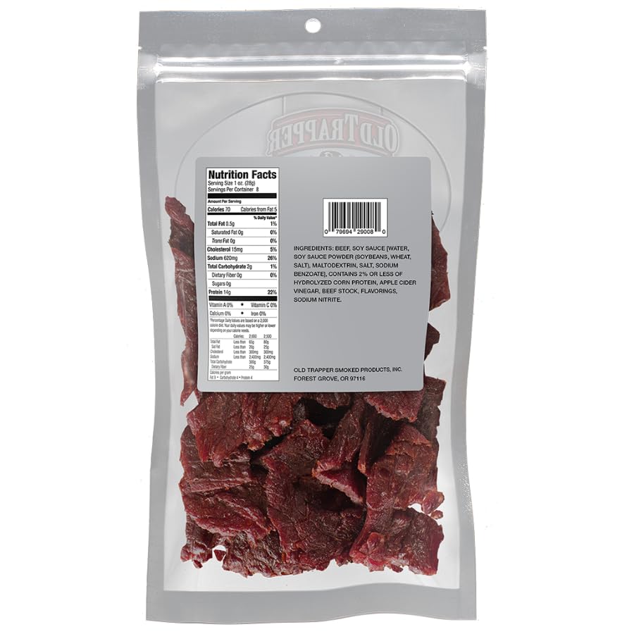 OLD TRAPPER ZERO SUGAR BEEF JERKY 8OZ NATURAL WOOD SMOKED KETO SNACK 14G PROTEIN 70 CAL