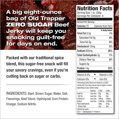 OLD TRAPPER ZERO SUGAR BEEF JERKY 8OZ NATURAL WOOD SMOKED KETO SNACK 14G PROTEIN 70 CAL