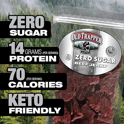 OLD TRAPPER ZERO SUGAR BEEF JERKY 8OZ NATURAL WOOD SMOKED KETO SNACK 14G PROTEIN 70 CAL
