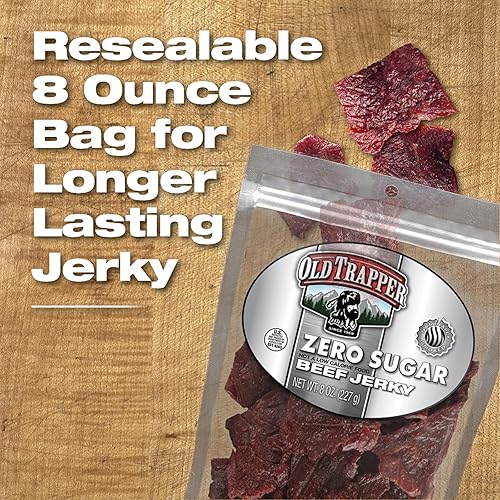OLD TRAPPER ZERO SUGAR BEEF JERKY 8OZ NATURAL WOOD SMOKED KETO SNACK 14G PROTEIN 70 CAL