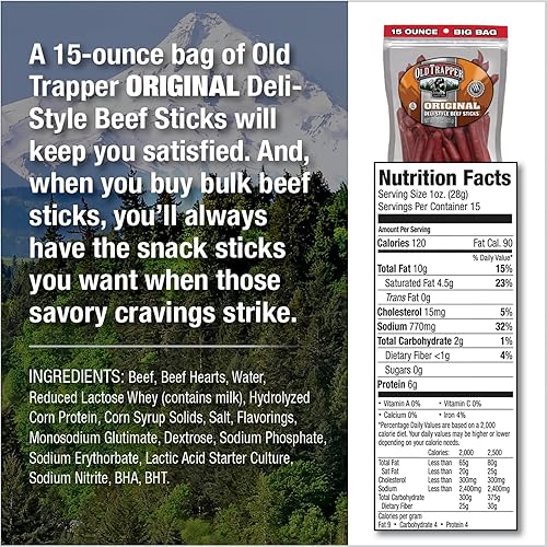 OLD TRAPPER ORIGINAL DELI-STYLE BEEF STICKS 15OZ HIGH PROTEIN, SUGAR-FREE SNACK PACK
