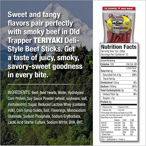OLD TRAPPER TERIYAKI BEEF STICKS 15OZ HIGH PROTEIN, LOW SUGAR SNACK, ON-THE-GO PACK