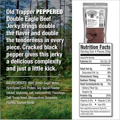OLD TRAPPER PEPPERED DOUBLE EAGLE BEEF JERKY - REAL WOOD SMOKED, 10G PROTEIN, 80 PIECES BAG