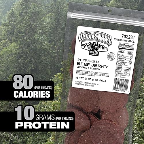 OLD TRAPPER PEPPERED DOUBLE EAGLE BEEF JERKY - REAL WOOD SMOKED, 10G PROTEIN, 80 PIECES BAG