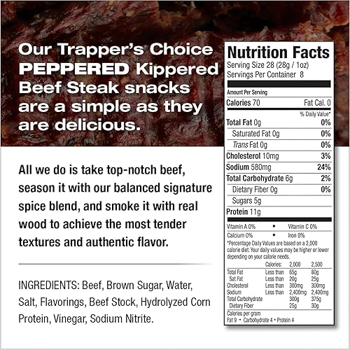 OLD TRAPPER PEPPERED KIPPERED STEAK 8OZ SPICY MEAT SNACK 11G PROTEIN 70 CALORIES PACK OF 1