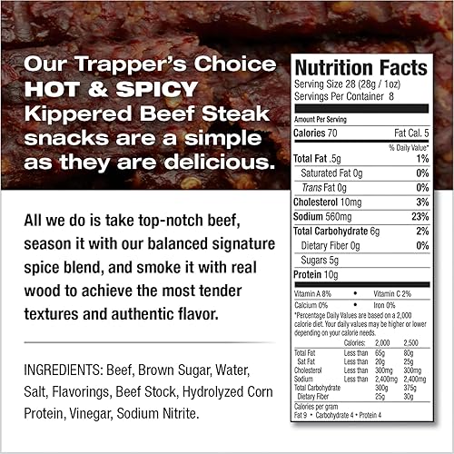 OLD TRAPPER TRAPPERS CHOICE HOT SPICY KIPPERED BEEF STEAK 8OZ, 10G PROTEIN, 70 CALORIE