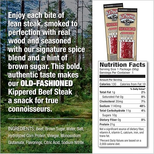 OLD TRAPPER KIPPERED STEAK SNACK PACK, 2OZ INDIVIDUALLY WRAPPED, 22G PROTEIN, 12-PACK