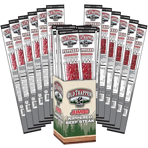 OLD TRAPPER PEPPERED KIPPERED STEAK MEAT SNACK, 2OZ PACKS, 22G PROTEIN, SPICY, 12-PACK