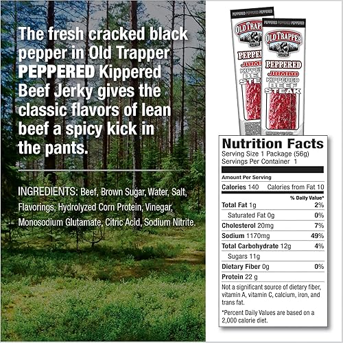 OLD TRAPPER PEPPERED KIPPERED STEAK MEAT SNACK, 2OZ PACKS, 22G PROTEIN, SPICY, 12-PACK