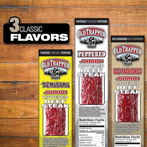 OLD TRAPPER PEPPERED KIPPERED STEAK MEAT SNACK, 2OZ PACKS, 22G PROTEIN, SPICY, 12-PACK