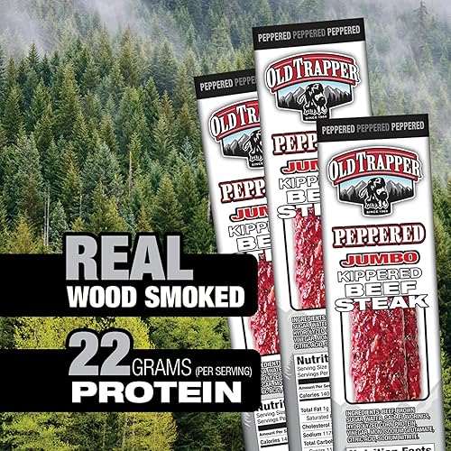 OLD TRAPPER PEPPERED KIPPERED STEAK MEAT SNACK, 2OZ PACKS, 22G PROTEIN, SPICY, 12-PACK