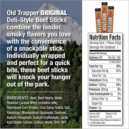 OLD TRAPPER ORIGINAL DELI-STYLE BEEF STICKS, 1.75OZ, HIGH PROTEIN, SUGAR-FREE, PACK OF 26