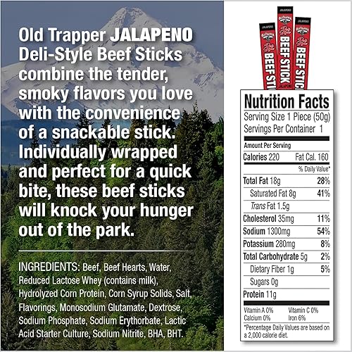OLD TRAPPER JALAPEñO DELI-STYLE SAUSAGE STICKS, 1.75OZ, 26 PACK, HIGH PROTEIN, NO SUGAR