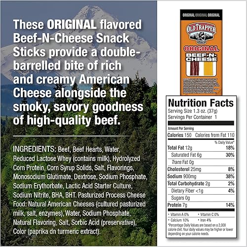 OLD TRAPPER BEEF-N-CHEESE ORIGINAL 1.3OZ SNACK STICKS WITH AMERICAN CHEESE, 14 PACK