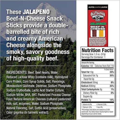 OLD TRAPPER JALAPEñO BEEF CHEESE SNACK STICKS, 1.3OZ PACK OF 14 SPICY SAVORY SNACK