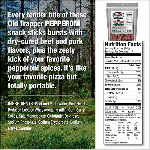 OLD TRAPPER PEPPERONI SNACK STICKS 17OZ RESEALABLE BAG NATURAL WOOD SMOKED MEAT STICKS
