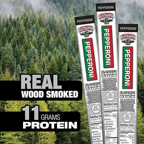 OLD TRAPPER PEPPERONI STICKS 1.2OZ, NATURAL WOOD SMOKED MEAT SNACKS, 24-PACK, 11G PROTEIN