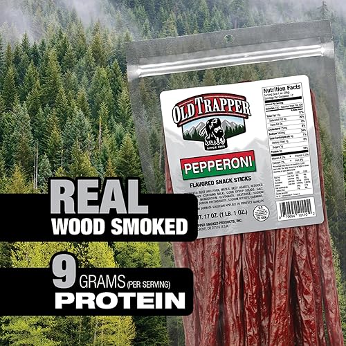 OLD TRAPPER PEPPERONI SNACK STICKS 17OZ RESEALABLE BAG NATURAL SMOKED MEAT, HIGH PROTEIN