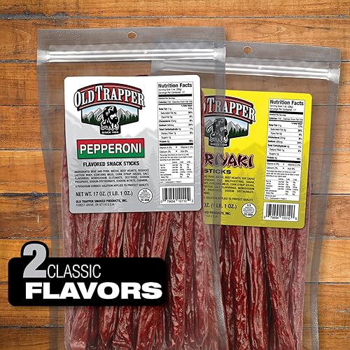 OLD TRAPPER PEPPERONI SNACK STICKS 17OZ RESEALABLE BAG NATURAL SMOKED MEAT, HIGH PROTEIN