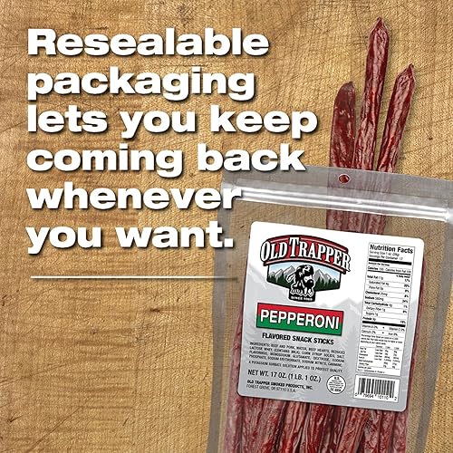 OLD TRAPPER PEPPERONI SNACK STICKS 17OZ RESEALABLE BAG NATURAL SMOKED MEAT, HIGH PROTEIN