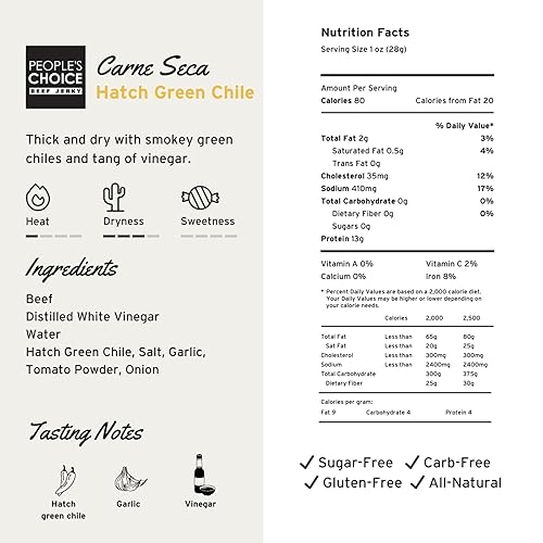 PEOPLE S CHOICE BEEF JERKY CARNE SECA HATCH GREEN CHILE 13G PROTEIN SUGAR FREE KETO 16OZ