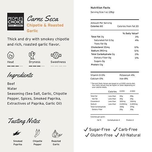 PEOPLE S CHOICE BEEF JERKY CHIPOTLE ROASTED GARLIC 13G PROTEIN SUGAR FREE KETO 1 LB BAG