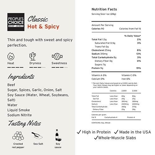 PEOPLE S CHOICE HOT SPICY BEEF JERKY THIN-SLICED WHOLE MUSCLE SLAB, 15 COUNT, 19.2 OZ