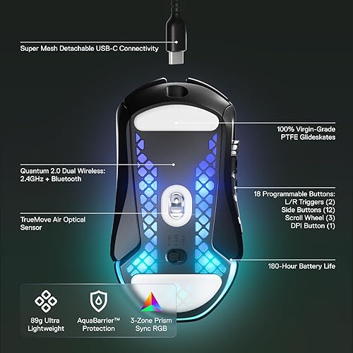 STEELSERIES AEROX 9 WIRELESS RGB GAMING MOUSE - ULTRA-LIGHT, WATER RESISTANT, 18K DPI, 18 BUTTONS