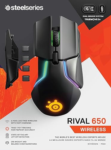 STEELSERIES RIVAL 650 QUANTUM WIRELESS GAMING MOUSE - 12,000 CPI, DUAL SENSOR, RGB LIGHTING
