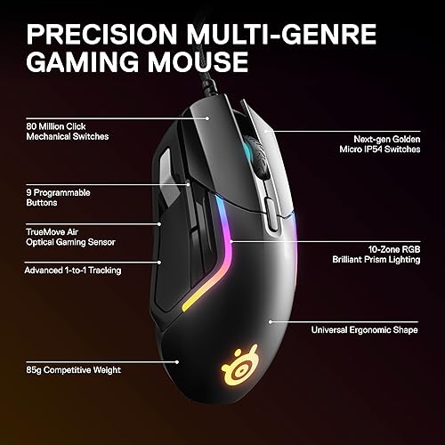 STEELSERIES RIVAL 5 GAMING MOUSE BLACK 18,000 CPI TRUEMOVE AIR, 9 PROGRAMMABLE BUTTONS, RGB