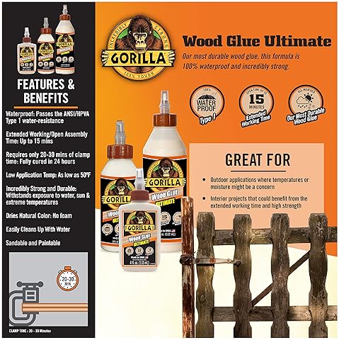 GORILLA ULTIMATE WATERPROOF WOOD GLUE 8OZ NATURAL COLOR, PACK OF 6 FOR INDOOR OUTDOOR USE