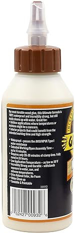 GORILLA ULTIMATE WATERPROOF WOOD GLUE 8OZ NATURAL COLOR, PACK OF 6 FOR INDOOR OUTDOOR USE