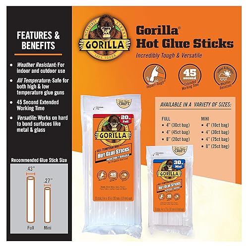 GORILLA CLEAR HOT GLUE STICKS 4 X 0.43 45 COUNT PACK OF 4 - ALL TEMPERATURE SAFE