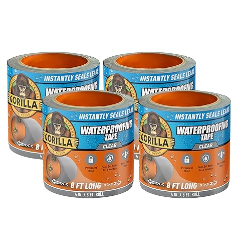 GORILLA WATERPROOF CLEAR PATCH SEAL TAPE 4X8 PACK OF 4 WEATHERPROOF LEAK REPAIR