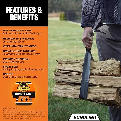 GORILLA TAPE BLACK 1.88 X 20YD - HEAVY DUTY DOUBLE-THICK ADHESIVE FOR HAULING PATCHING