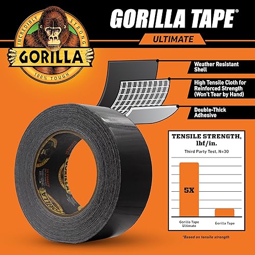 GORILLA TAPE BLACK 1.88 X 20YD - HEAVY DUTY DOUBLE-THICK ADHESIVE FOR HAULING PATCHING