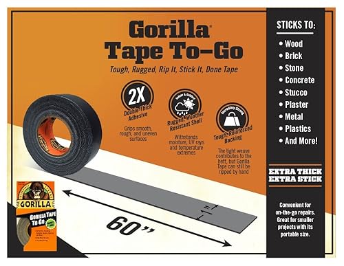 GORILLA MINI DUCT TAPE TO-GO 1 X 10 YD BLACK TRAVEL SIZE PACK OF 2 DURABLE STRONG ADHESIVE