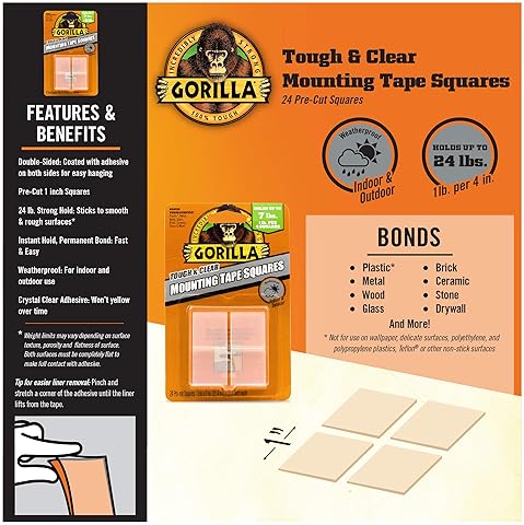 GORILLA CLEAR DOUBLE SIDED TAPE SQUARES, 24 PRE-CUT 1 MOUNTING SQUARES, PACK OF 6