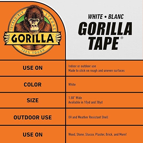 GORILLA WHITE DUCT TAPE 1.88 X 10 YD - HEAVY DUTY, STRONG ADHESION, PACK OF 6 ROLLS