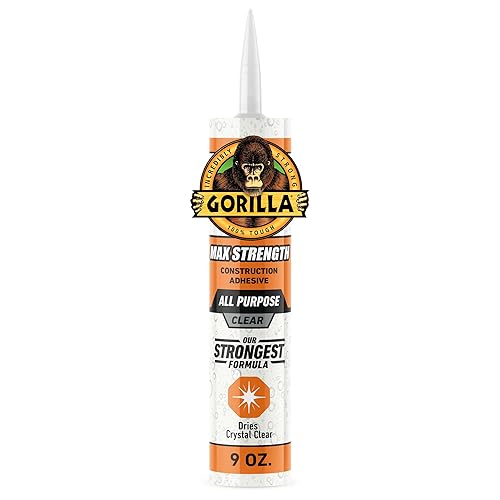 GORILLA MAX STRENGTH CLEAR CONSTRUCTION ADHESIVE 9OZ CARTRIDGE WATERPROOF, GAP FILLING GLUE