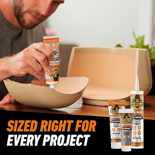 GORILLA MAX STRENGTH CLEAR CONSTRUCTION ADHESIVE 9OZ CARTRIDGE WATERPROOF, GAP FILLING GLUE