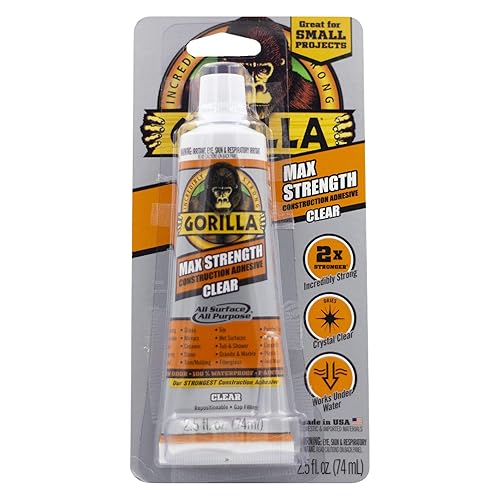 GORILLA MAX STRENGTH CLEAR CONSTRUCTION ADHESIVE 2.5OZ TUBE, WATERPROOF, GAP FILLING, 2 PACK