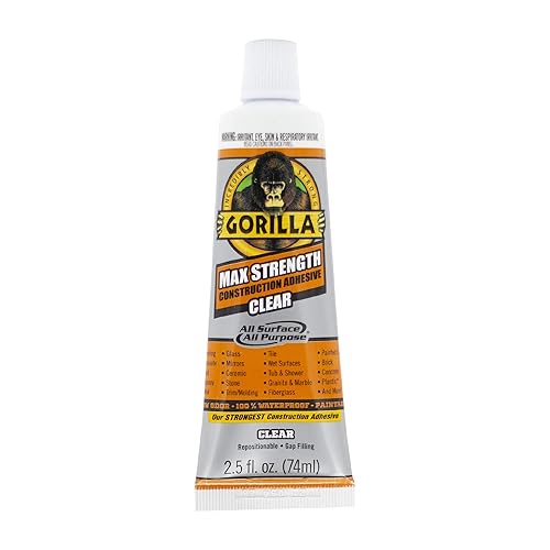 GORILLA MAX STRENGTH CLEAR CONSTRUCTION ADHESIVE 2.5OZ TUBE, WATERPROOF, GAP FILLING, 2 PACK
