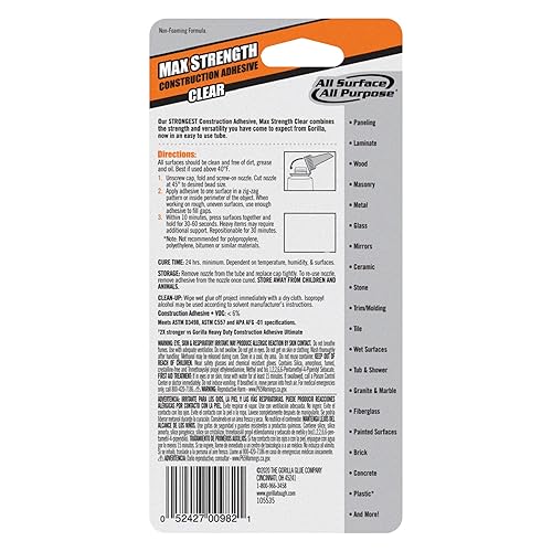 GORILLA MAX STRENGTH CLEAR CONSTRUCTION ADHESIVE 2.5OZ TUBE, WATERPROOF, GAP FILLING, 2 PACK