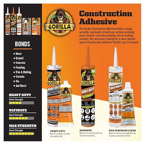 GORILLA MAX STRENGTH CLEAR CONSTRUCTION ADHESIVE 2.5OZ TUBE, WATERPROOF, GAP FILLING, 2 PACK